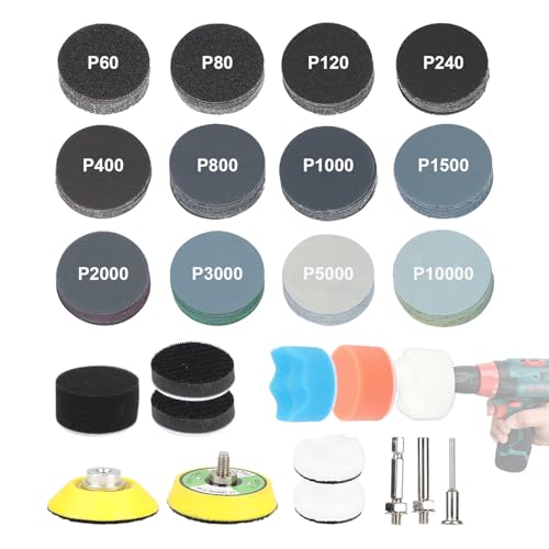 耐水サンドペーパーセット 50mm 193枚 研磨パッド＆スポンジ付き 耐水ペーパー #60~#10000 丸型 マジック式 6.35mm＆6mmシャンク対応 六角電動ドライバー 小型電動工具用 サンディングディスク 車の研磨 木工 DIY 作業に （12種類60/80/120/240/400/800/1000/1500/2000/3000/5000/10000番各15枚）