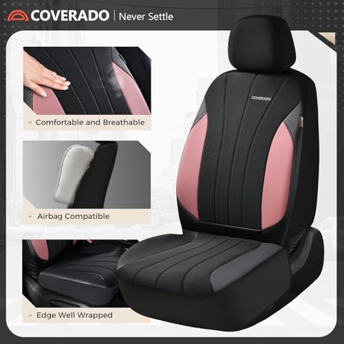 Image of Coverado Automotive Seat Covers Front Seats, Luxury, 2-Pack, Mesh Design, Pink Driver Seat Protectors, Universal Fit for SUVs, Trucks, Sedans