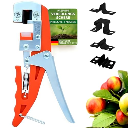 GARTENPAUL Premium Veredelungsschere mit 4 Messer, Omega V W Okulation, Veredelungsmesser Veredelungszange Gartenschere Rosenschere, 30 Jahre Qualität, Okulier-Schere Messer, Obstbäume Rosen Pflanzen