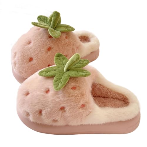 Cute Strawberry Slippers Kawaii Plush Chunky Sole House Shoes for Women Warm Cozy Closed-Toe for Indoor Outdoor