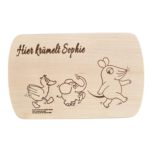 Frühstücksbrett aus Ahornholz – „Sendung mit der Maus“ – personalisiert mit Gravur – Kinder Frühstücksbrettchen Holz – Brotzeitbrett für Kindergarten & Schule – Made in Germany