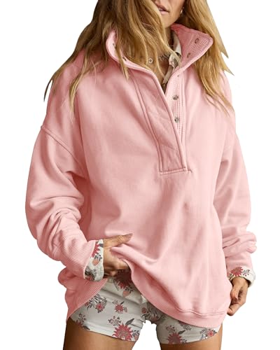 Gacaky Sweatshirt for Women Oversized Casual Long Sleeve Button Henley Neck Pullover Tops Fashion Outfits Clothes Pink S