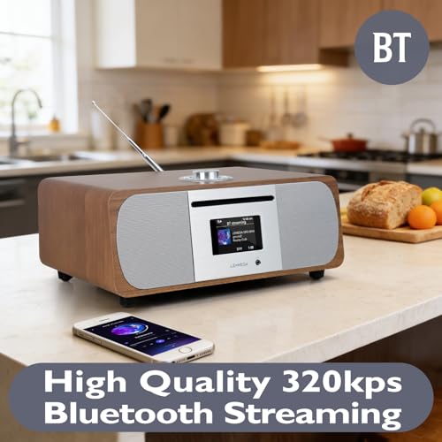 Image of LEMEGA M6P CD Player, FM, Bluetooth, Powerful HiFi, Subwoofer, Walnut | 2.8in colour display, 40 presets, remote control, wooden cabinet, headphone jack, internal subwoofer, EQ modes, remote
