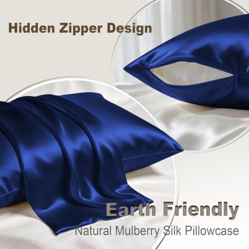 Image of LYSHIN Silk Pillow Cases 2 Pack Queen Size with Zipper, Royal Blue | 19 Momme Mulberry Silk Pillowcase for Skin and Hair, Anti-Acne, Hypoallergenic, Cooling, Beauty Sleep, Gifts for Women