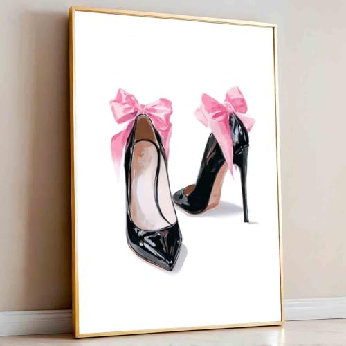 High Heel Canvas Wall Art Pink Heels Picture Pink Bow Picture High Heels Shoe Posters Preppy Vintage Shoes Paintings Girly Trendy Artwork Aesthetic Poster Trendy Pictures Room Decor 16x24inch No Frame