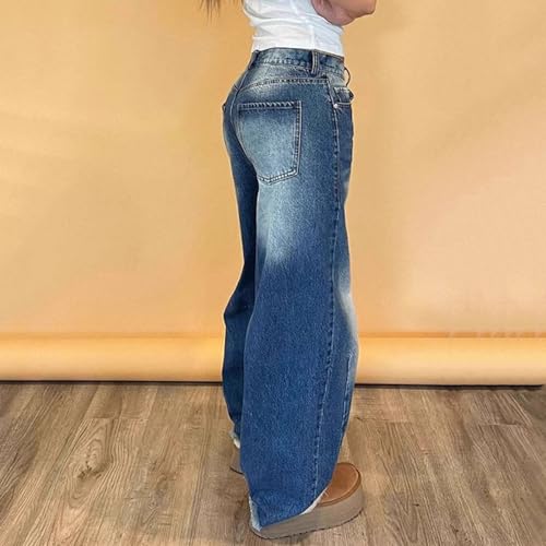 Viatabuna Wide Leg Jeans for Women Mid Waist Baggy Straight Leg Denim Washed Pants Raw Hem Y2k Loose Boyfriend Jeans3