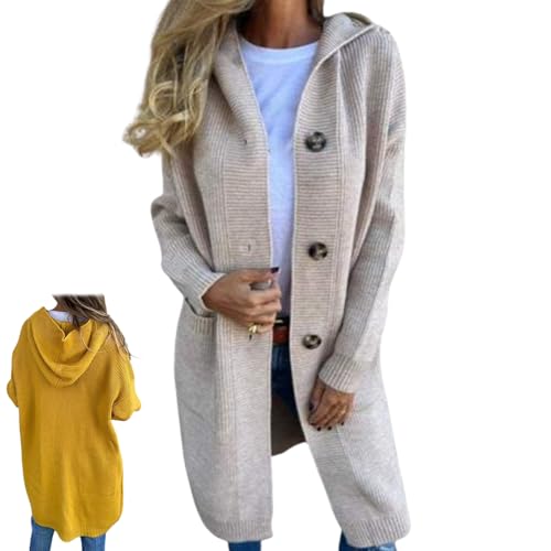 Cozy Hooded Knit Cardigan Women, Long Sleeve Button Front Cable Knit Long Open Front Cardigan Sweaters with Pockets