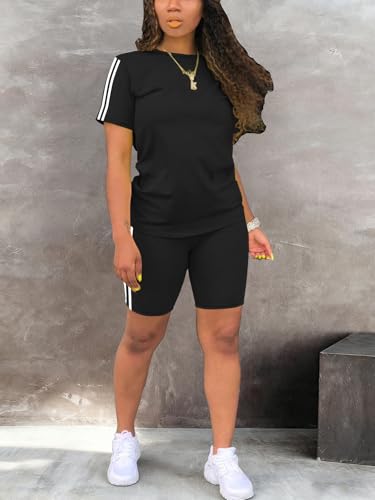 STOLKISS Women 2 piece Short Sets Classic Striped Outfits Summer Casual Short Sleeve T-Shirt and Short Jogger Tracksuits Sets Black XL — view 2
