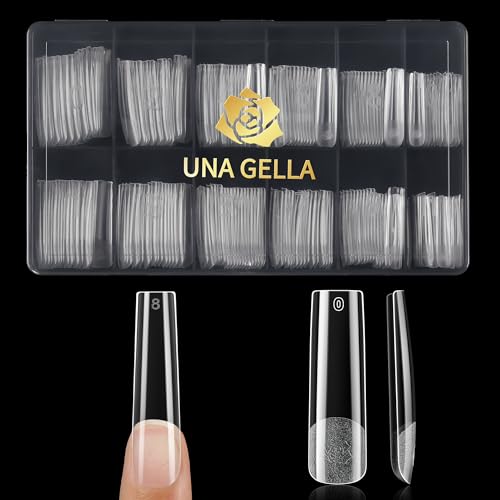 UNA GELLA Tips für Gelnägel Extra Lange Square, 216 Stück 12 Größen Nägel Tips Full Cover Nail Tips Pre-buff Künstliche Nagelspitzen No C Kurve für Nail Art DIY mit Box