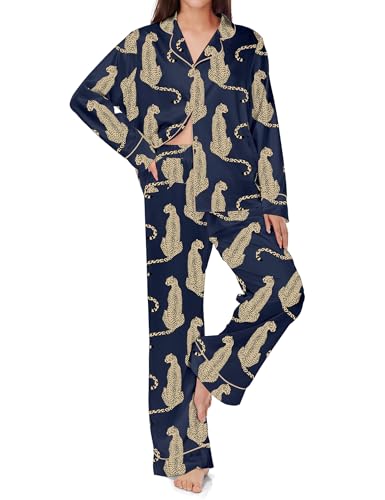 Image of SHESHOW Satin Pajamas Set for Women Set Long Sleeve Button Down Pjs Sets 2 Piece Loungewear Animal Sleepwear XS-XXL