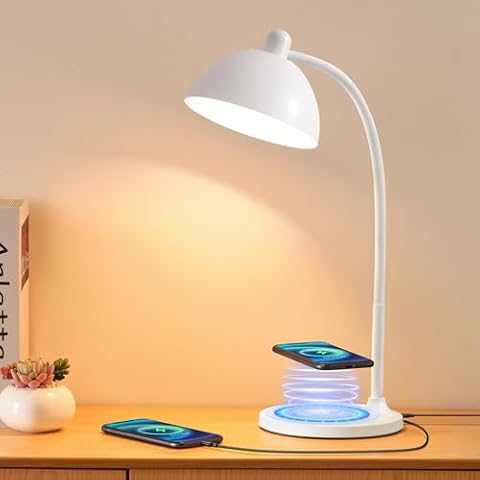 BOHON Desk Lamp, LED Desk Lamp with USB Charging Port, Wireless Charger Desk Light for Home Office, 5 Colors 6 Levels Brightness, Touch Table Lamp for Bedroom Bedside College Dorm Reading, White Cover