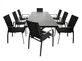 DEGAMO Gartengarnitur Sitzgruppe Almada 9-teilig, 8X Stapelsessel aus Aluminium anthrazit und gepolstertem Textilgewebe in schwarz + 1x Ausziehtisch Aluminium + Glas 180/240x100cm, anthrazit