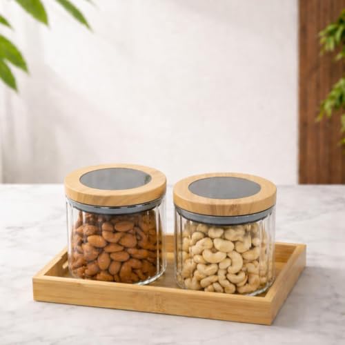 Image of Borosilicate Transparent Striped Glass Storage Jar Set with Bamboo Tray, Set of 2 (500ml) Airtight Round Glass Containers with Bamboo Lids & Silicone Seal, Dry Fruit Storage Jars for Spice