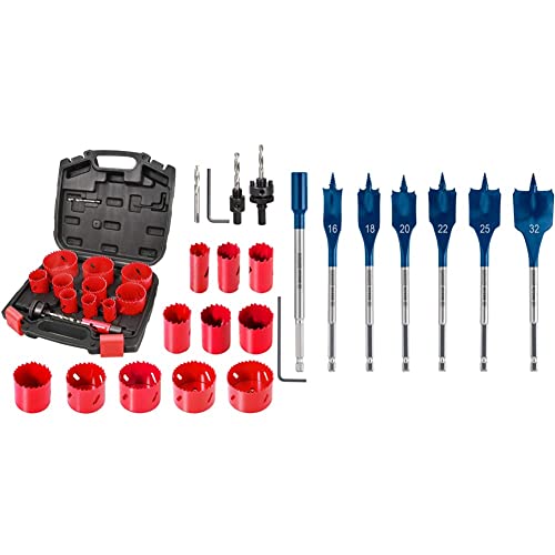 Scie Cloche Bi-métal, HYCHIKA 17 PCS Coffret de Scie Trépan avec 11PCS Lames de Scie 19-68 mm, Profondeur de Coupe & Bosch Professional Coffret de 7x mèches plates