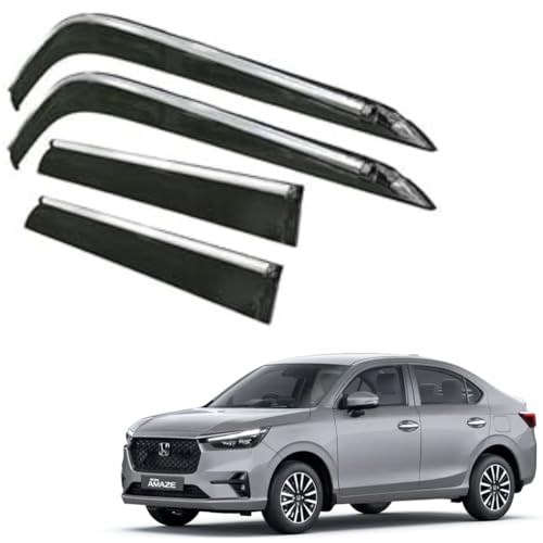 Image of CAR SAAZ Side Door Visors for Amaze (2024-Present)(Set of 4Pcs)|Smoke Finish Chrome Lined Rain Guards, Polycarbonate