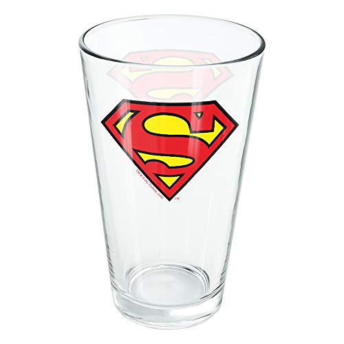 LOGOVISION Superman Classic S Shield Logo 16 oz Pint Glass, Tempered Glass, Licensed Printed Design & A Perfect Fan Gift | Great for Cold Beverages, Soda, Water