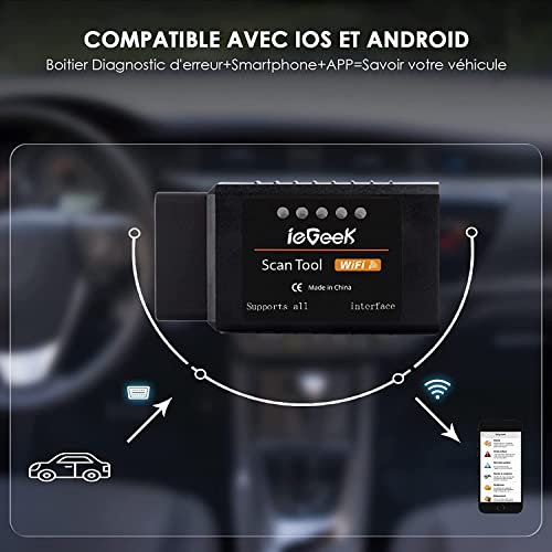 ieGeek OBD2/EOBD Inalámbrico Coche Código Lector Escanear Herramienta, Conectar a través de WiFi con iOS, Android, Windows, 3000 código de Banco de Datos, Adecuado por la Mayoría de Coches