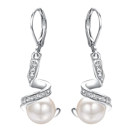 Vissen Boucles D'oreilles Pendantes Femme Perle Blanche De Culture 18K Plaqué Platine Pour...