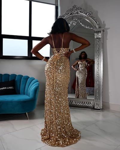 Sparkly Sequin Prom Dresses Long Spaghtti Straps V Neck Mermaid Ball Gowns for Women4