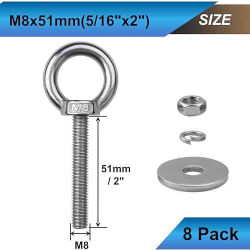 Image of 8 Pack M8 Eye Bolts with Nuts, 304 Stainless Steel 5 /16 inch x 2 inch Heavy Duty Lifting Eye Bolts, Metric M8x51mm Ring Eye Bolt for Hanging, Tie Down, Outdoor & Hardware Fixing (8, 5 /16 inchx2 inch)