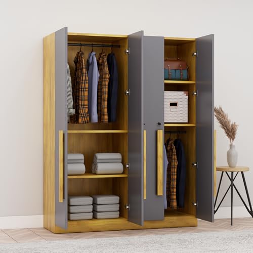 Image of Bniture 3 Door Wardrobe for Bedroom with Lockable Door & Hanging Space | Almirah for Clothes with Elevated Bottom Base | Wardrobe for Storage | 3 Years Warranty (Giant Wood & Slate Grey, HXWB112)