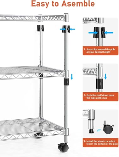 Image of Simple Deluxe 3-Tier Storage Shelves, 750 Lbs Loading Capacity, 24.02 inch W x 13.78 inch D x 21.97 inch H Shelving Unit for Garage, Pantry and Kitchen, Chrome
