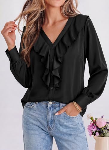 dowerme Womens Long Sleeve Tops Satin Ruffle Button Shirts - image 4