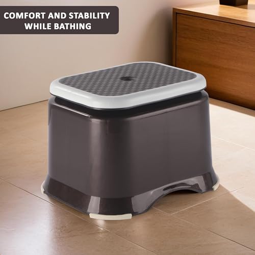 Image of Heart Home Pack of 2 Anti-Slip Bathroom Stool for Bathing | Comfortable Indoor & Outdoor Machiya for Sitting | Durable Adults Bath Stool & Patla Chair for Home | Check Ultra 10- Brown