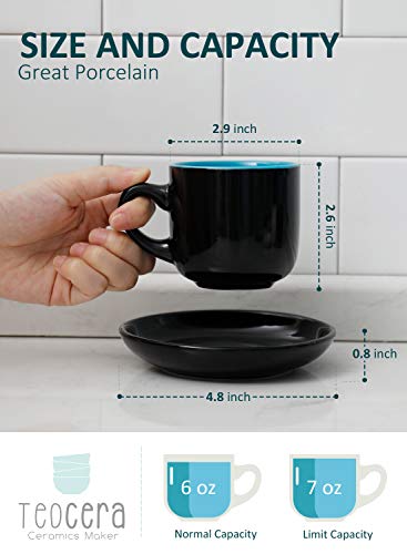 Teocera Porcelain Cappuccino Cups with Saucers - 6 Ounce for Coffee Drinks, Latte, Cafe Mocha and Tea - Set of 6, Black Multi Color