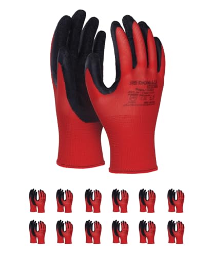DONAU SAFETY Guantes de trabajo con revestimiento de látex/hombre mujer/talla 07, 12 pares/rojo/negro/guantes de montaje/para trabajos de montaje, mecánicos, servicios de transporte y construcción