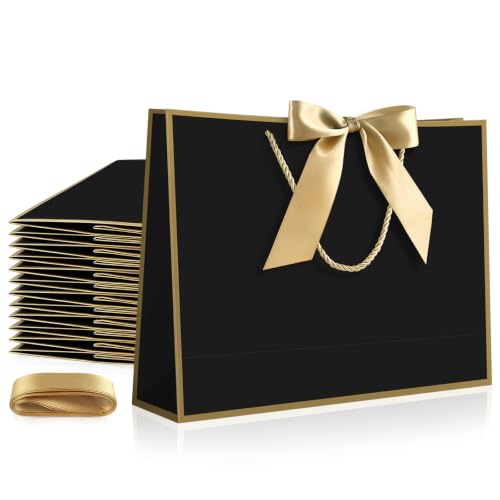 Image of JMANNI 12 Pcs Black Paper Gift Bags with Ribbon Handle