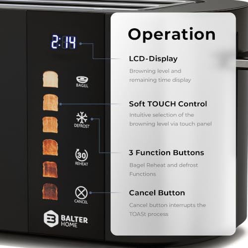 Image of Balter Toaster 2 Slice, Bagel Function, Stainless Steel, Touch Screen, Built-in Rack, Extra-Wide 1.5 inch Slots for Thick Breads & Bagel, Timer, BPA-Free, Removable Tray, Black