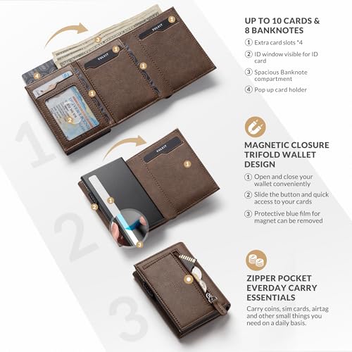 Image of VULKIT Card Holder Wallet with Coin Pocket Magnetic Closure Pop Up Cards With ID Window Leather Wallet for Cash & Credit Cards, Grain Espresso
