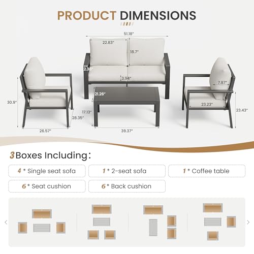 Image of 6 Pieces Aluminum Outdoor Patio Furniture Set 6-Seat Deck Furniture Patio Conversation Sets All-Weather Rust-Proof Sectional Sofa Set with Removable Cushion for Balcony, Yard, Poolside