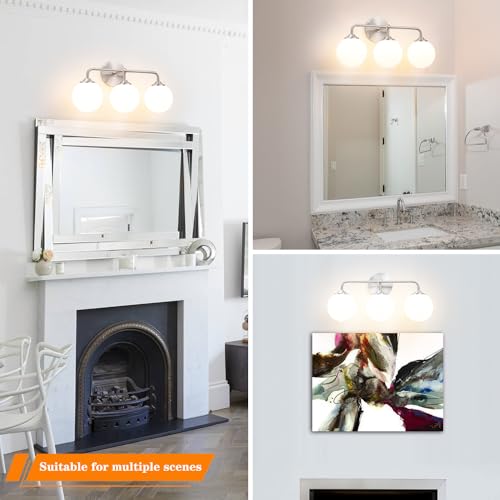 Image of Elagant Modern Brushed Nickel Bathroom Vanity Lights, 3-Lights Bathroom Light Fixtures with Milky White Globe Glass Shade, Bathroom Wall Sconces Light over Mirror Dressing Table Bedroom Living Room