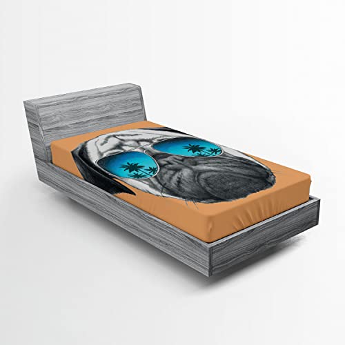 Ambesonne Pug 2 Pack Fitted Sheet, Dog and Sunglasses, Bed Cover All-Round Elastic Deep Pockets 2 Pieces, Package Contains 2 Twin XL Size Fitted Sheets, Orange Black