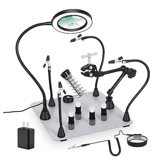 Magnetic Helping Hand, Soldering Helping Hands, 4 PCB Pillars Circuit Board Holder with Flexible Metal Arms Anti-static Bracelet Heavy Duty Base Electronic Repair Tool