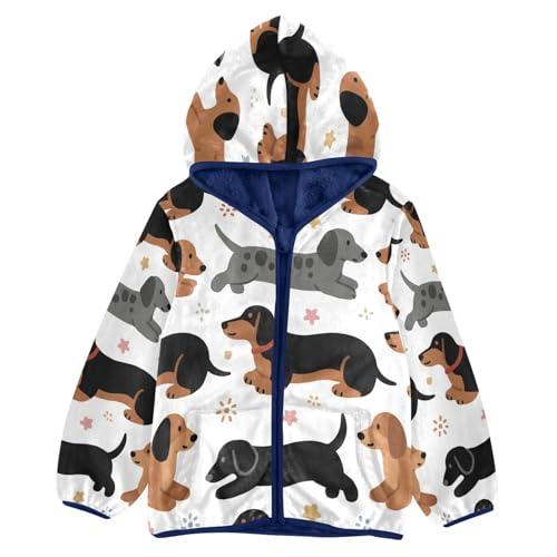 Dachshund Pattern with Stars Toddler Fleece Jacket Girl Boys Hooded Fleece Jacket Coat Warm Outwear Zip-up 3-10T