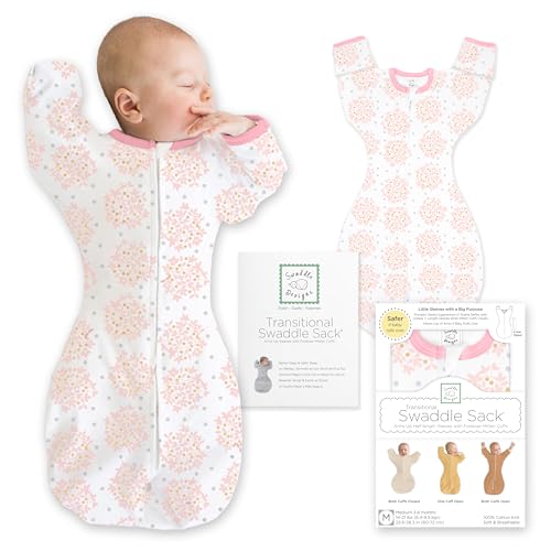 SwaddleDesigns Transitional Swaddle Sack, Arms Up Half-Length Sleeves & Mitten Cuffs, Swaddle for Newborn Transition to Baby Sleep Sack Wearable Blanket, 0-3 month, 6-14 lb, Heavenly Floral Pink