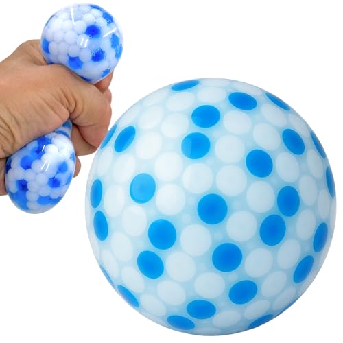MIJOMA Pelota antiestrés con relleno de perlas – Alivio del estrés y entrenamiento muscular, amasado divertido, ideal para oficina y viajes, 7 cm (blanco/azul)