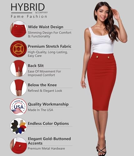 Image of Hybrid & Company Womens Pencil Skirt Premium Nylon Ponte Stretch Office Made in The USA Below Knee