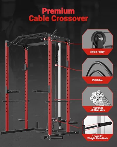 Power Cage, Power Racks for Home Gym with Pulley System, 1200LBS Weight Capacity Multi-Functional Squat Rack for Strength Workout with More Training Attachment (Red D1002)