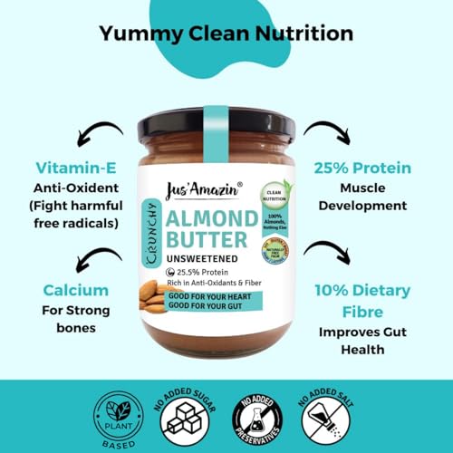 Image of Jus' Amazin Crunchy Almond Butter - Unsweetened (500 Gm)|25% Protein|Whole Almonds (100% Pure)|Zero Additives|100% Natural|Dairy Free|Keto|Plant Based Nutrition|Clean Nutrition