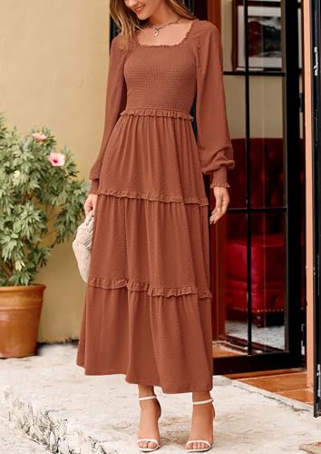 PRETTYGARDEN Fall Dresses for Women 2025 Long Sleeve Smocked Square Neck Swiss Dot Tiered Flowy Wedding Guest Maxi Dress