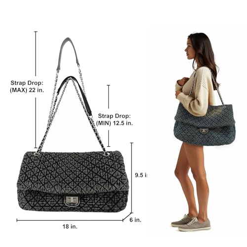 Image of M-ioi-M Extra Large Quilted Denim Purse,Oversize Shoulder Bags for Women, Crossbody Flap Hobo Tote Bag,Chain Strap Jean Purse