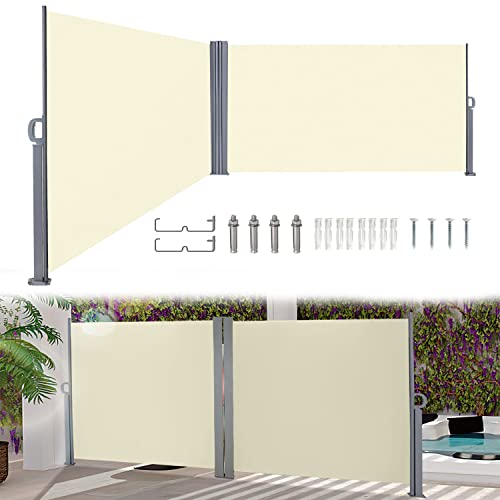 Herrselsam Toldo lateral doble, 180 x 600 cm, toldo de pared, extensible, protección visual, protección contra el viento, para balcón, terraza, jardín, camping, color beige