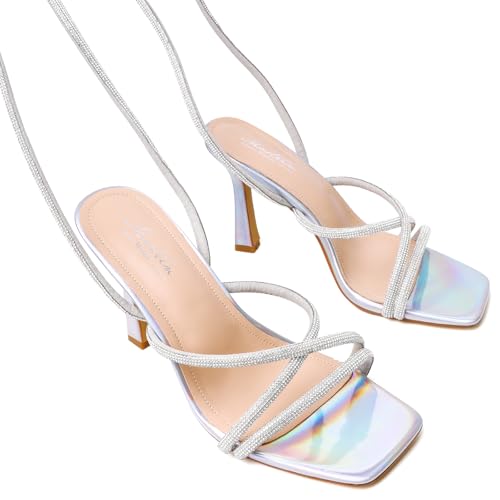 Image of Mostrin Womens Sandals Strappy Heels for Women Lace Up Square Open Toe Heels Tie Up High Heeled Sandals for Prom, Party, Daily Wear