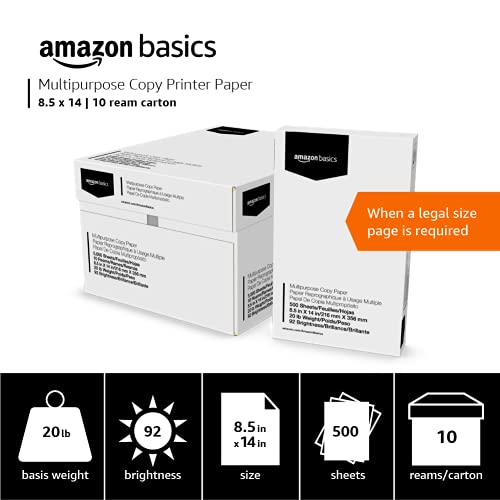 Image of Amazon Basics Multipurpose Copy Printer Paper, 20 lb, 8.5 x 14 Inches, 10 Reams (5,000 Sheets), 92 Bright, White