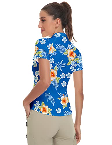 Womens Patterned Golf Shirts Short Sleeve Polo Shirts Quarter Zip Tennis Shirts (Blue Floral, Small) #TOP4
