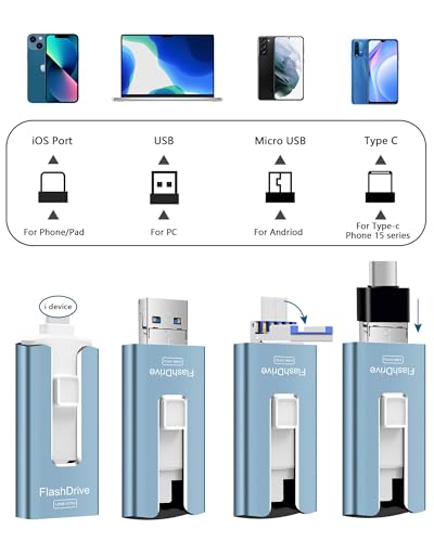 256GB USB Flash Drive for Phone and Pad, Photo Stick High Speed External USB Thumb Drives Photo Storage Memory Stick for Save More Photos and Videos (Blue, 256GB)